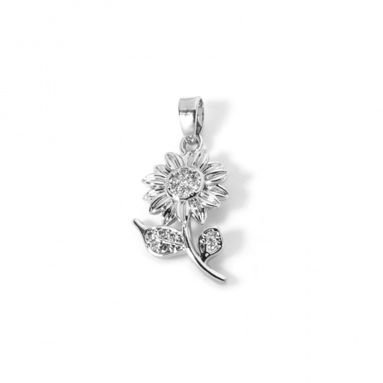 Bild von 2 Stück Umweltfreundlich Messing Flora Kollektion Charms Echt Platin plattiert Sonnenblume Micro Pave Klar Kubischer Zirkon 25mm x 12mm