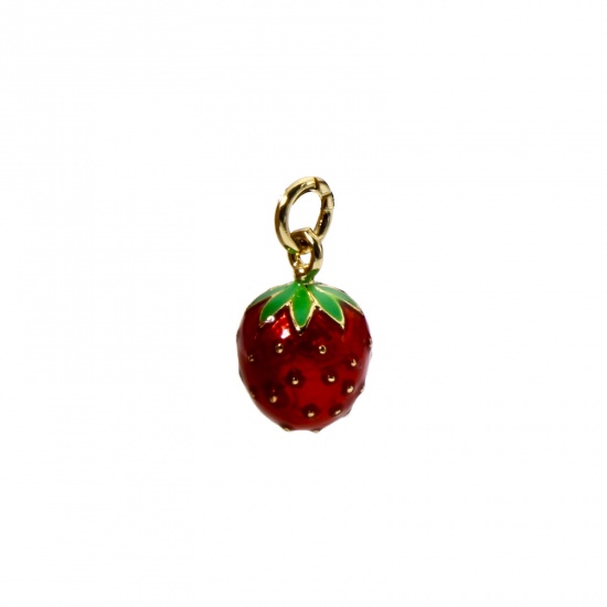Picture of 2 PCs Eco-friendly Brass Charms 18K Real Gold Plated Red Enamel Strawberry Fruit 3D 17mm x 9mm