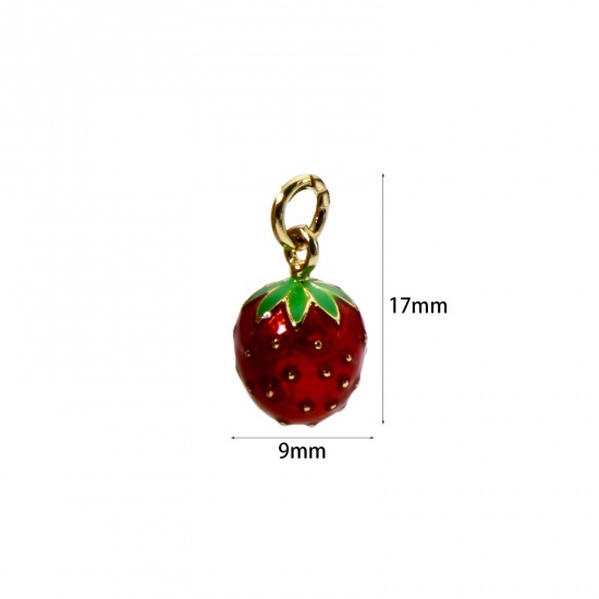 Picture of 2 PCs Eco-friendly Brass Charms 18K Real Gold Plated Red Enamel Strawberry Fruit 3D 17mm x 9mm