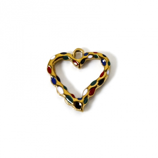 Image de 2 Pcs Breloques en 304 Acier Inoxydable Placage Sous Vide Écologique La Saint Valentin Cœur Plaqué Or 18K Multicolore Émail Creux 21mm x 20mm