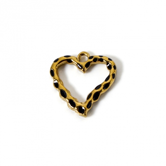 Image de 2 Pcs Pendentifs en 304 Acier Inoxydable Placage Sous Vide Écologique La Saint Valentin Cœur Plaqué Or 18K Noir Émail Creux 21mm x 20mm