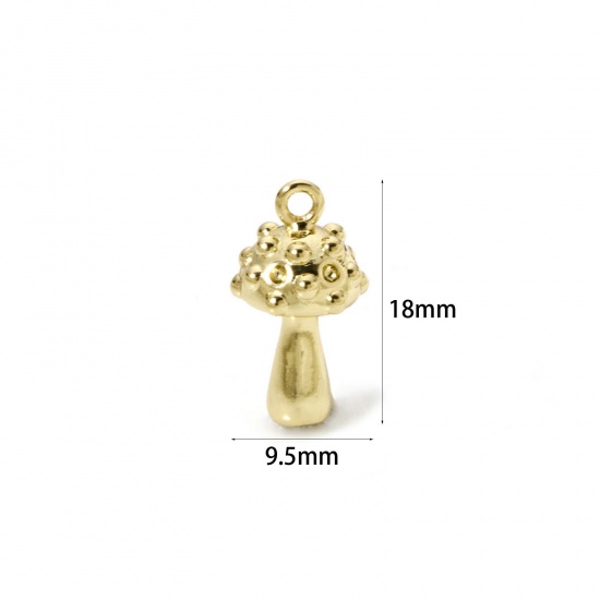 Picture of 2 PCs Brass Flora Collection Charms 18K Gold Plated Mushroom 3D 18mm x 9.5mm