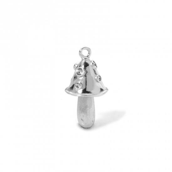 Picture of 2 PCs Brass 3D Charms Platinum Plated Mushroom Inlaid diamonds 22mm x 12mm