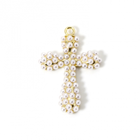 Image de 1 Pièce Breloques Religieux en Laiton Plaqué Or 18K Croix Perle Imitation Acrylique 4cm x 2.7cm