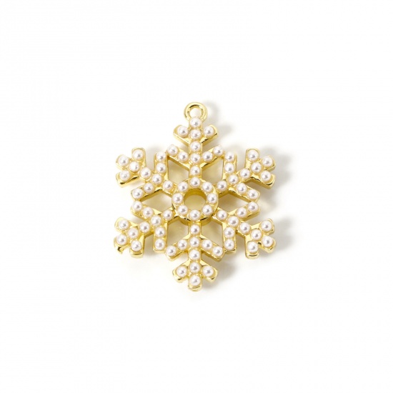 Image de 1 Pièce Breloques en Laiton Plaqué Or 18K Flocon de Neige de Noël Perle Imitation Acrylique 27mm x 22mm