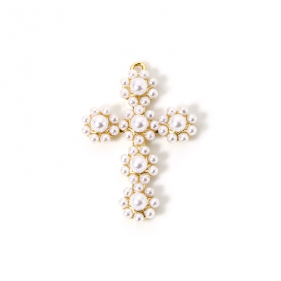Image de 1 Pièce Breloques Religieux en Laiton Plaqué Or 18K Croix Perle Imitation Acrylique 3.2cm x 2.2cm