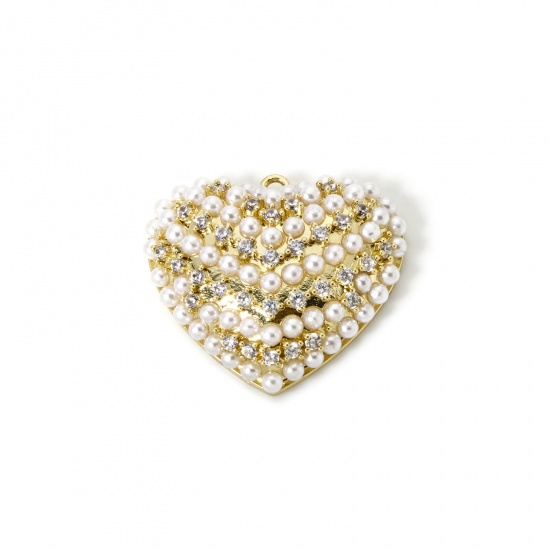 Picture of 1 Piece Brass Valentine's Day Charms 18K Gold Plated Heart Acrylic Imitation Pearl 24.5mm x 21.5mm