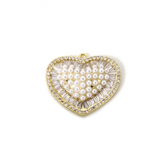 Picture of 1 Piece Brass Valentine's Day Charms 18K Gold Plated Heart Acrylic Imitation Pearl 26mm x 23mm