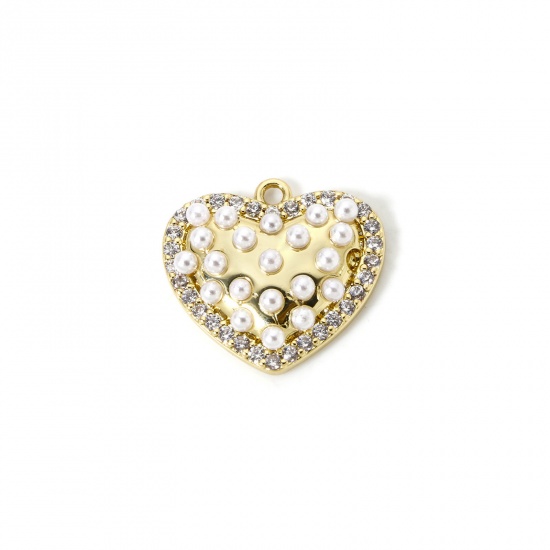 Picture of 1 Piece Brass Valentine's Day Charms 18K Gold Plated Heart Acrylic Imitation Pearl 19mm x 17mm