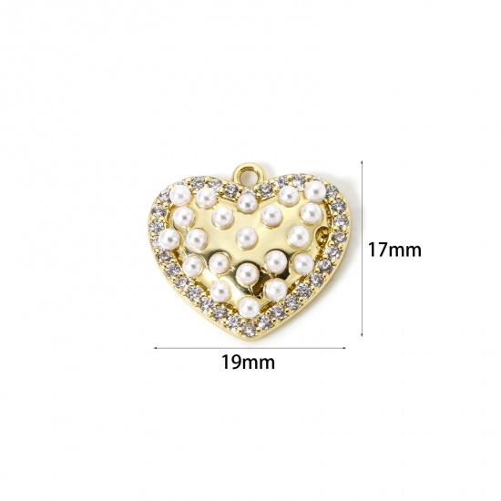 Picture of 1 Piece Brass Valentine's Day Charms 18K Gold Plated Heart Acrylic Imitation Pearl 19mm x 17mm