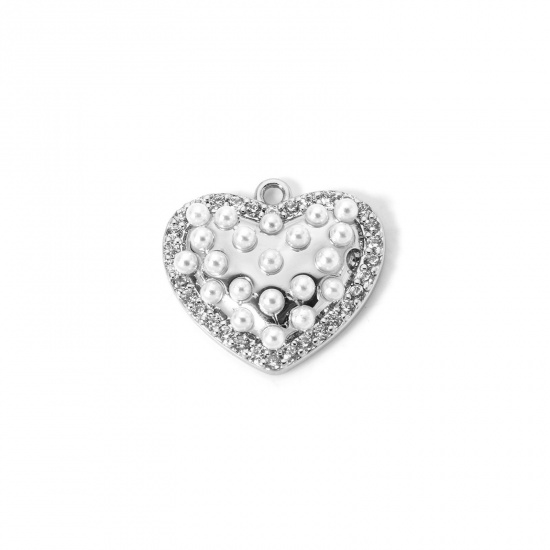 Picture of 1 Piece Brass Valentine's Day Charms Platinum Plated Heart Acrylic Imitation Pearl 19mm x 17mm