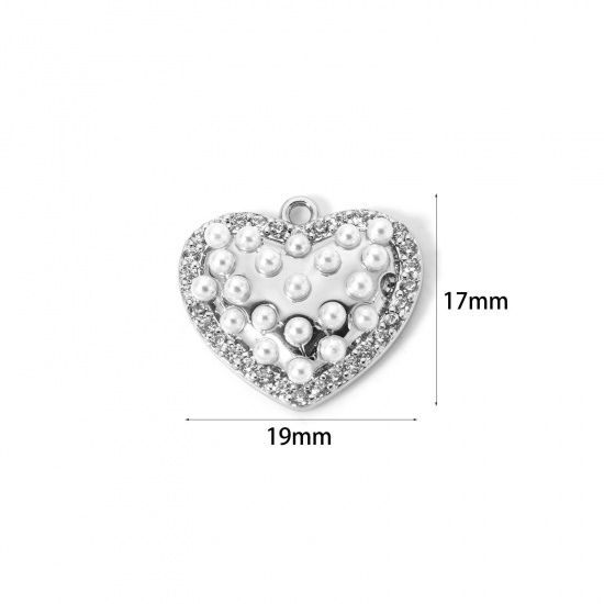 Bild von 1 Stück Messing Valentinstag Charms Platin Plattiert Herz Acryl Imitat Perle 19mm x 17mm