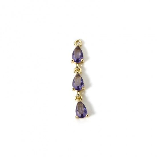 Bild von 1 Piece Brass Charms 18K Gold Plated Drop Purple Cubic Zirconia 29mm x 5mm