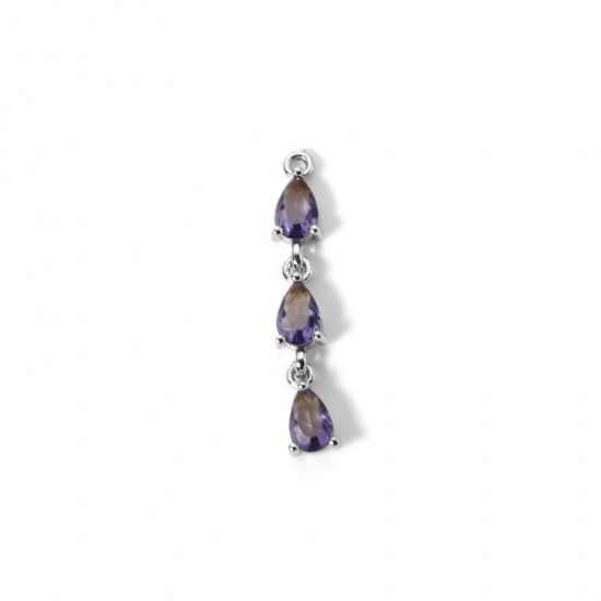 Bild von 1 Piece Brass Charms Platinum Plated Drop Purple Cubic Zirconia 29mm x 5mm