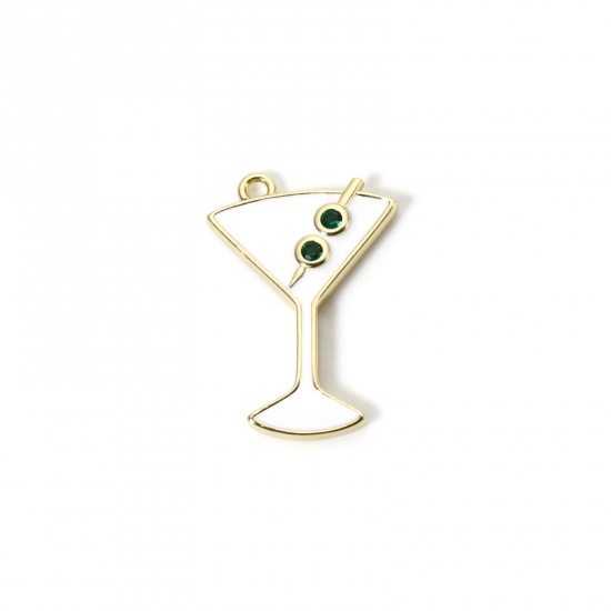 Imagen de 1 Unidad Latón Colgantes Chapado en Oro de 18K Blanco Copa de Vino Esmalte Verde Circón Artificial 26mm x 18mm