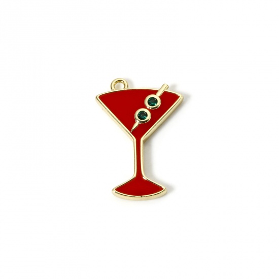 Imagen de 1 Unidad Latón Colgantes Chapado en Oro de 18K Rojo Copa de Vino Esmalte Verde Circón Artificial 26mm x 18mm