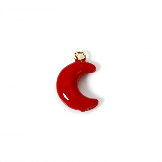 Imagen de 2 Unidades Latón Galaxia Colgantes Chapado en Oro de 18K Rojo Esmalte Luna Media 3D 14mm x 9mm