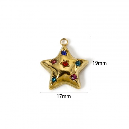 Picture of 2 PCs Eco-friendly PVD Vacuum Plating Waterproof Anti-Tarnish Hypoallergenic 304 Stainless Steel Galaxy Charms 18K Real Gold Plated Pentagram Star Multicolour Cubic Zirconia 19mm x 17mm