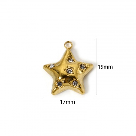 Picture of 2 PCs Eco-friendly PVD Vacuum Plating Waterproof Anti-Tarnish Hypoallergenic 304 Stainless Steel Galaxy Charms 18K Real Gold Plated Pentagram Star Clear Cubic Zirconia 19mm x 17mm
