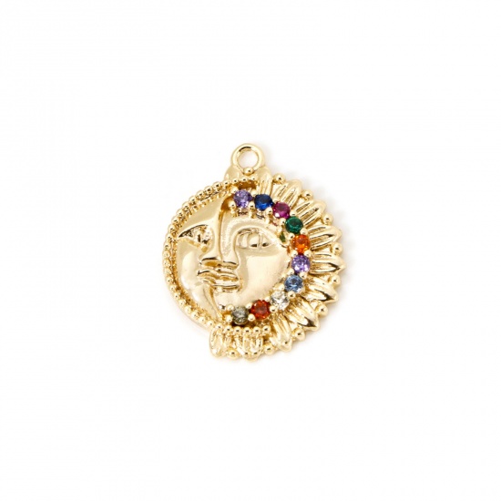 Bild von 1 Stück Umweltfreundlich Messing Galaxis Charms 18K Echtgold plattiert Rund Sonne und Mondgesicht Micro Pave Bunt Kubischer Zirkon 20mm x 16mm