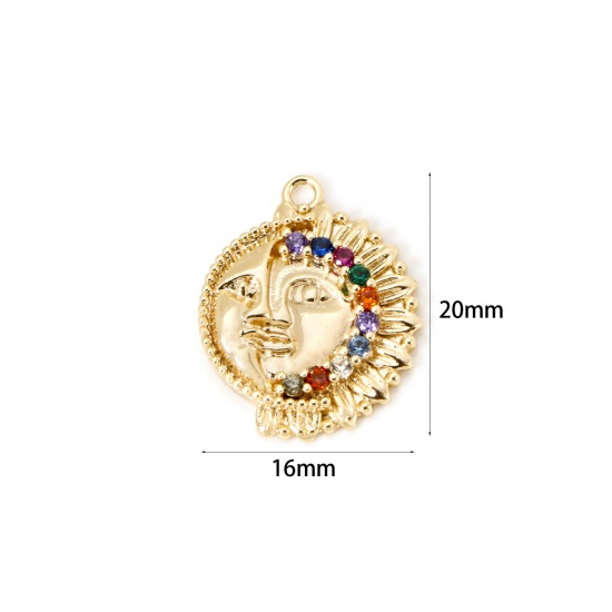Bild von 1 Stück Umweltfreundlich Messing Galaxis Charms 18K Echtgold plattiert Rund Sonne und Mondgesicht Micro Pave Bunt Kubischer Zirkon 20mm x 16mm