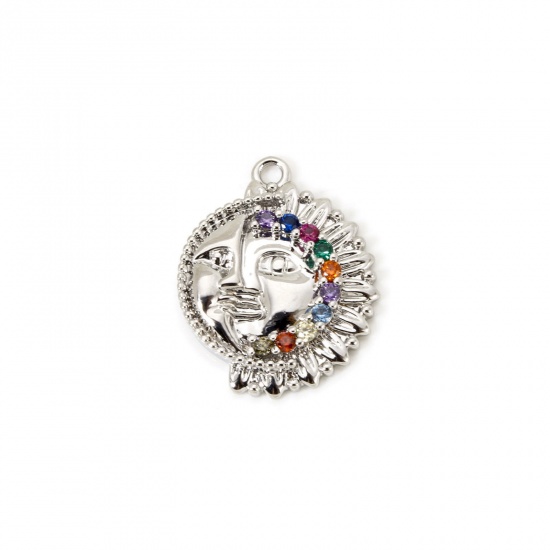 Bild von 1 Stück Umweltfreundlich Messing Galaxis Charms Echt Platin plattiert Rund Sonne und Mondgesicht Micro Pave Bunt Kubischer Zirkon 20mm x 16mm