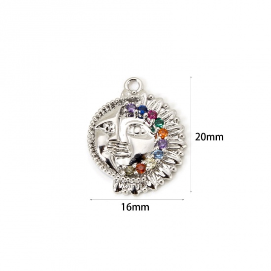 Bild von 1 Stück Umweltfreundlich Messing Galaxis Charms Echt Platin plattiert Rund Sonne und Mondgesicht Micro Pave Bunt Kubischer Zirkon 20mm x 16mm