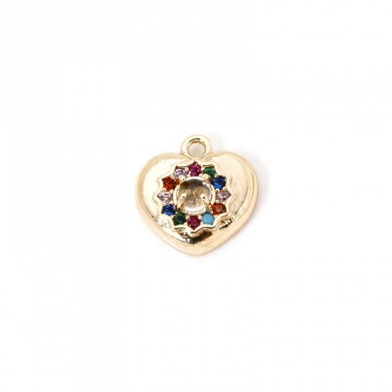 Bild von 1 Stück Umweltfreundlich Messing Valentinstag Charms 18K Echtgold plattiert Herz Micro Pave Bunt Kubischer Zirkon 12mm x 11mm