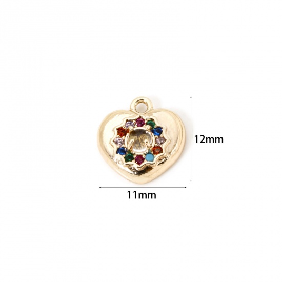 Bild von 1 Stück Umweltfreundlich Messing Valentinstag Charms 18K Echtgold plattiert Herz Micro Pave Bunt Kubischer Zirkon 12mm x 11mm