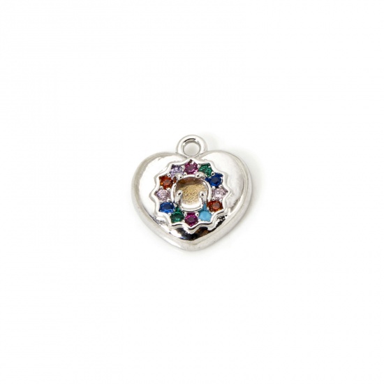 Bild von 1 Stück Umweltfreundlich Messing Valentinstag Charms Echt Platin plattiert Herz Micro Pave Bunt Kubischer Zirkon 12mm x 11mm