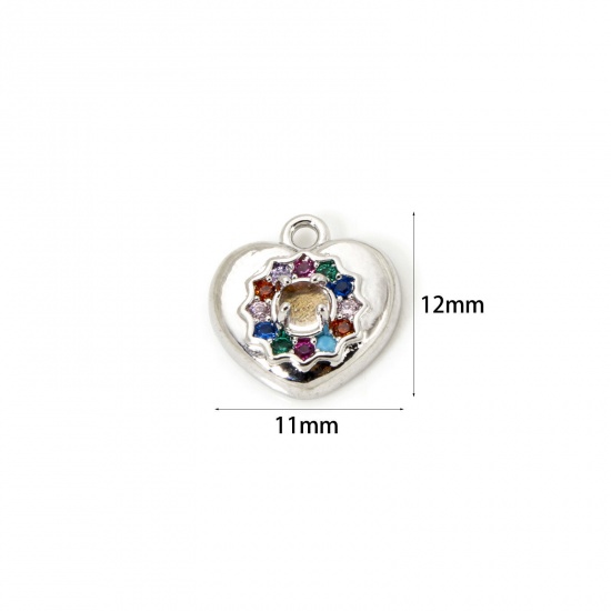 Bild von 1 Stück Umweltfreundlich Messing Valentinstag Charms Echt Platin plattiert Herz Micro Pave Bunt Kubischer Zirkon 12mm x 11mm