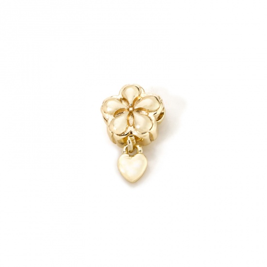 Picture of 5 PCs Eco-friendly Brass Flora Collection Beads For DIY Jewelry Making 18K Real Gold Plated Flower Heart 13mm x 8mm, Hole: Approx 1.2mm