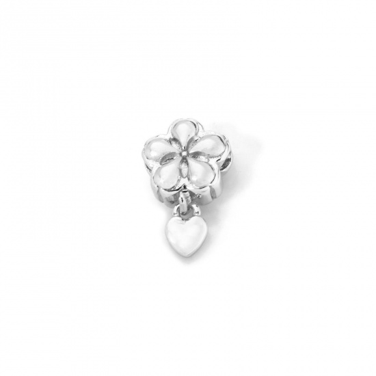 Picture of 5 PCs Eco-friendly Brass Flora Collection Beads For DIY Jewelry Making Real Platinum Plated Flower Heart 13mm x 8mm, Hole: Approx 1.2mm