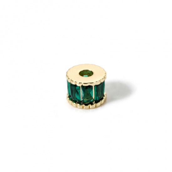 Immagine di 2 Pz Ecologico Ottone Perline Distanziatrici per Gioielli Fai-da-te che Fanno Risultati 18K Vero Oro Placcato Cilindrico Verde Cubic Zirconiae 7mm x 5mm, Buco: Circa 2.2mm