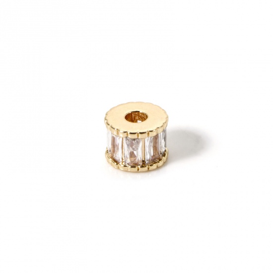 Immagine di 2 Pz Ecologico Ottone Perline Distanziatrici per Gioielli Fai-da-te che Fanno Risultati 18K Vero Oro Placcato Cilindrico Trasparente Cubic Zirconiae 7mm Dia., 5mm x Buco: Circa 2.2mm