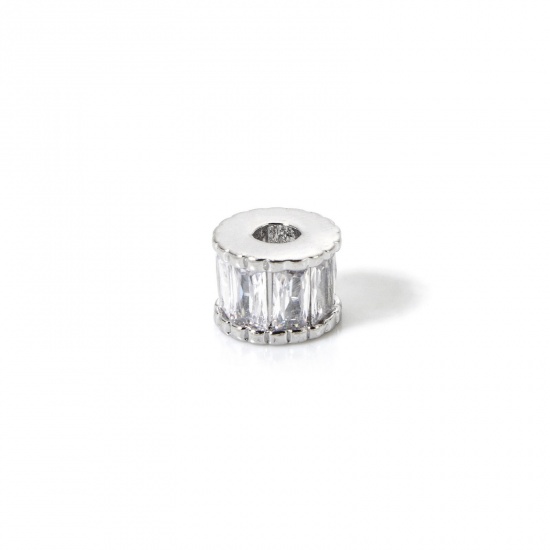 Immagine di 2 Pz Ecologico Ottone Perline Distanziatrici per Gioielli Fai-da-te che Fanno Risultati Vero Platino Placcato Cilindrico Trasparente Cubic Zirconiae 7mm Dia., 5mm x Buco: Circa 2.2mm