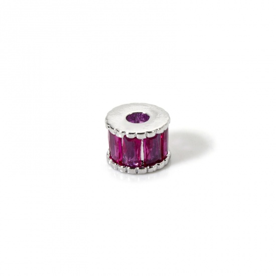 Immagine di 2 Pz Ecologico Ottone Perline Distanziatrici per Gioielli Fai-da-te che Fanno Risultati Vero Platino Placcato Cilindrico Micro Spianare Fuscia Cubic Zirconiae 7mm Dia., 5mm x Buco: Circa 2.2mm