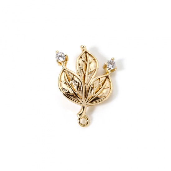 Bild von 2 Stück Umweltfreundlich Messing Steckverbinder Charms Anhänger 18K Echtgold plattiert Blätter Micro Pave Klar Kubischer Zirkon 22mm x 16mm