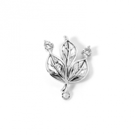 Bild von 2 Stück Umweltfreundlich Messing Steckverbinder Charms Anhänger Echt Platin plattiert Blätter Micro Pave Klar Kubischer Zirkon 22mm x 16mm