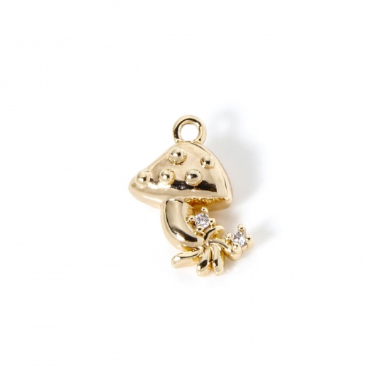 Image de 2 Pcs Breloques Collection Végétale Respectueux de la Nature en Laiton Plaqué Or Véritable 18K Champignon 3D à Zircone Cubique Clair 14mm x 10mm