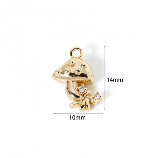 Image de 2 Pcs Breloques Collection Végétale Respectueux de la Nature en Laiton Plaqué Or Véritable 18K Champignon 3D à Zircone Cubique Clair 14mm x 10mm