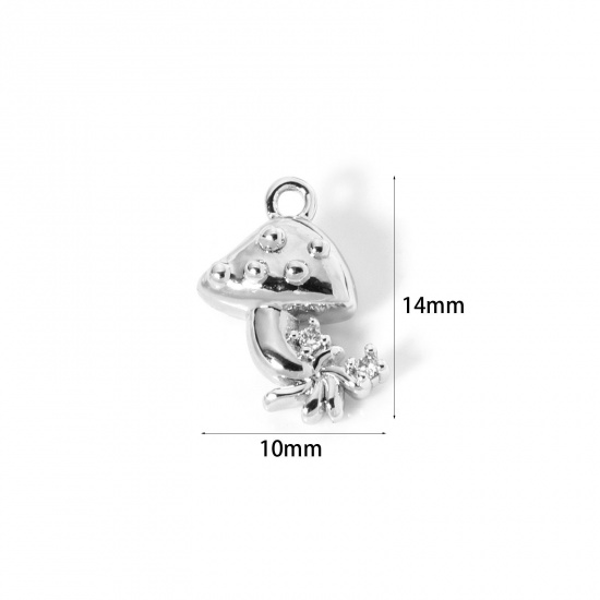 Image de 2 Pcs Breloques Collection Végétale Respectueux de la Nature en Laiton Plaqué Platine Véritable Champignon 3D à Zircone Cubique Clair 14mm x 10mm