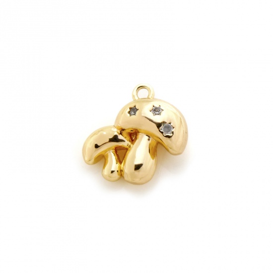 Image de 2 Pcs Breloques Collection Végétale Respectueux de la Nature en Laiton Plaqué Or Véritable 18K Champignon 3D à Zircone Cubique Clair 13mm x 13mm