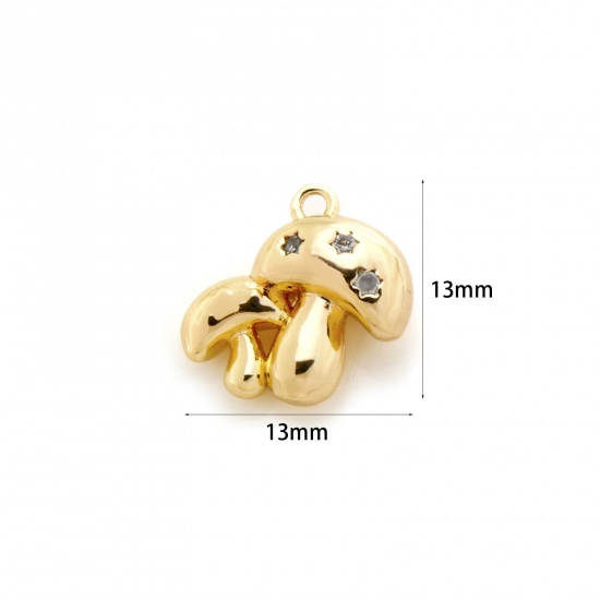 Image de 2 Pcs Breloques Collection Végétale Respectueux de la Nature en Laiton Plaqué Or Véritable 18K Champignon 3D à Zircone Cubique Clair 13mm x 13mm