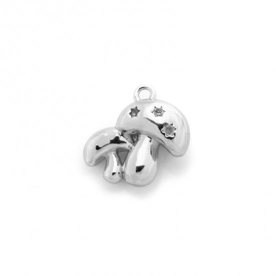 Image de 2 Pcs Breloques Collection Végétale Respectueux de la Nature en Laiton Plaqué Platine Véritable Champignon 3D à Zircone Cubique Clair 13mm x 13mm