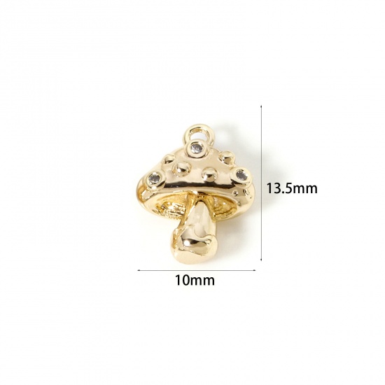 Image de 2 Pcs Breloques Collection Végétale Respectueux de la Nature en Laiton Plaqué Or Véritable 18K Champignon 3D à Zircone Cubique Clair 13.5mm x 10mm