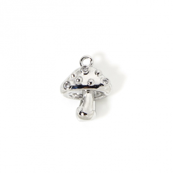 Image de 2 Pcs Breloques Collection Végétale Respectueux de la Nature en Laiton Plaqué Platine Véritable Champignon 3D à Zircone Cubique Clair 13.5mm x 10mm