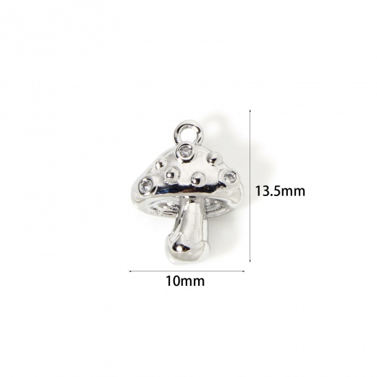 Image de 2 Pcs Breloques Collection Végétale Respectueux de la Nature en Laiton Plaqué Platine Véritable Champignon 3D à Zircone Cubique Clair 13.5mm x 10mm