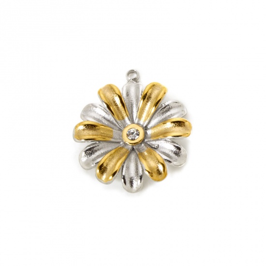 Imagen de 1 Unidad Recubrimiento al Vacío PVD Ecológico 304 Acero Inoxidable Colección Flora Colgantes Flor de la margarita 18K Oro Real Chapado & Tono de Plata (Apta Dos Colores Claro Circón Artificial 23mm x 20mm