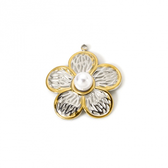 Imagen de 1 Unidad Recubrimiento al Vacío PVD Ecológico 304 Acero Inoxidable Colección Flora Colgantes Flor 18K Oro Real Chapado & Tono de Plata (Apta Dos Colores Acrílico Imitación de Perla 26mm x 24mm